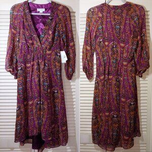 Paisley Floral Boho Purple Multi color Midi High-Low Dress NWT $128 Festival